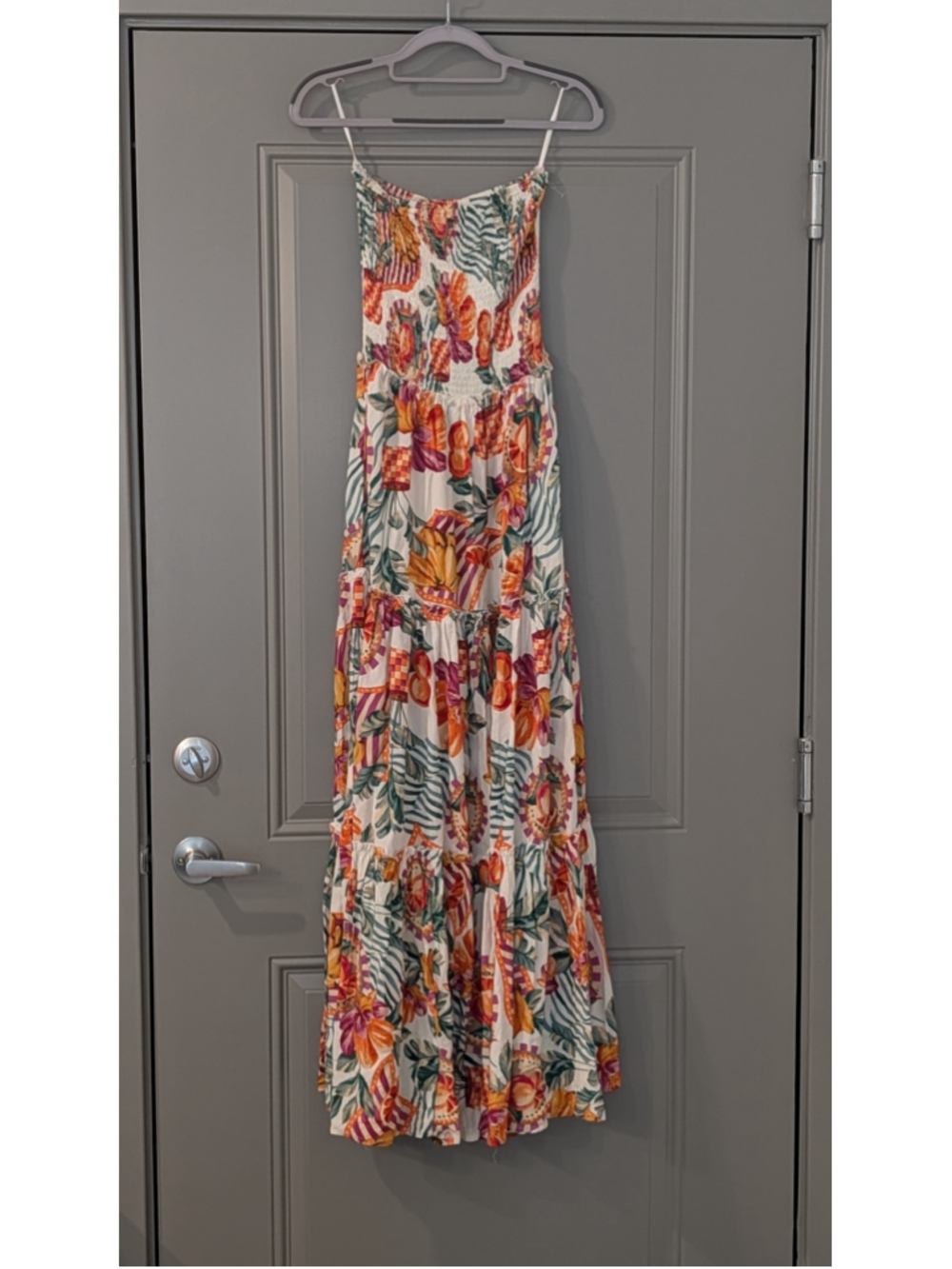 Abel The Label Fruit Print Smocked Maxi Dress XS NWT Tropical Rayon